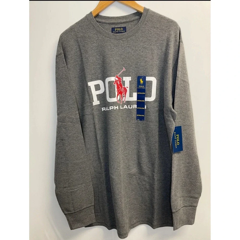 Polo RALPH LAUREN Mens Big Pony Logo Thermal Waffle Knit Shirt Big Tall 1XT Grey